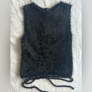 Fuzzy Black Knit Tank with Lace Up Tie Back
